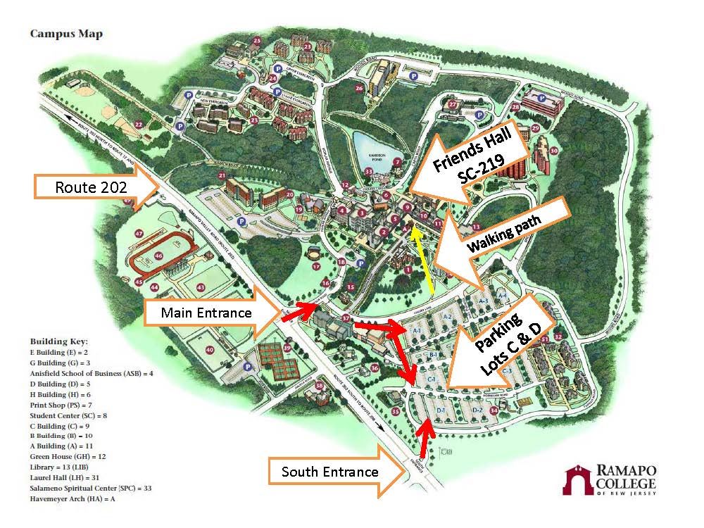 Ramapo College Campus Map marked with parking lot location and conference location